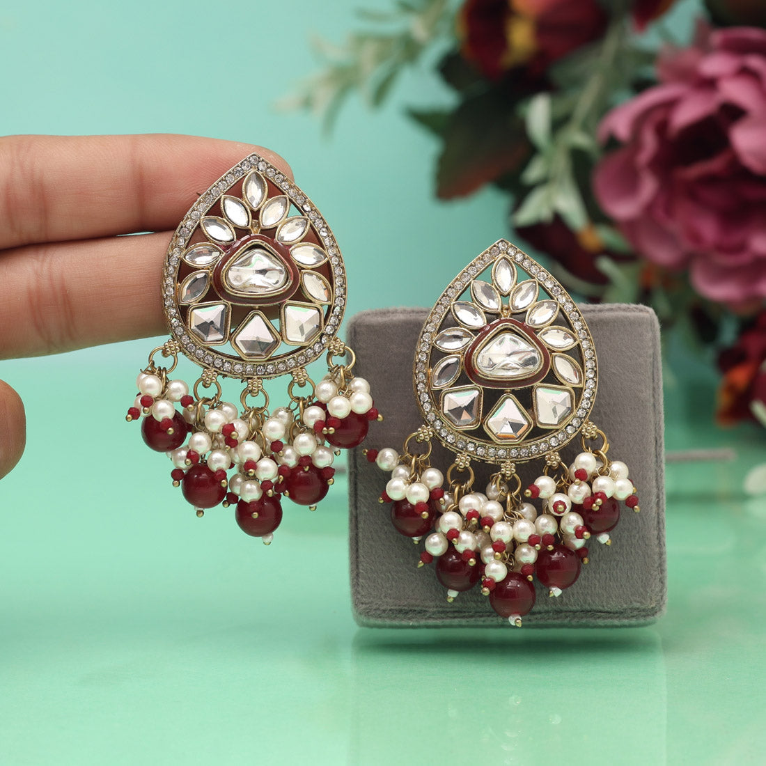 Maroon Color Meena Work Kundan Earrings (KDE1030MRN) Jewellery GetGlit