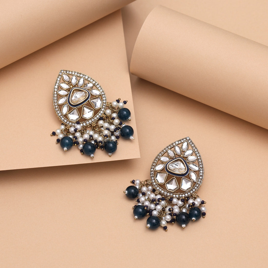 Navy Blue Color Meena Work Kundan Earrings (KDE1030NBLU) Jewellery GetGlit