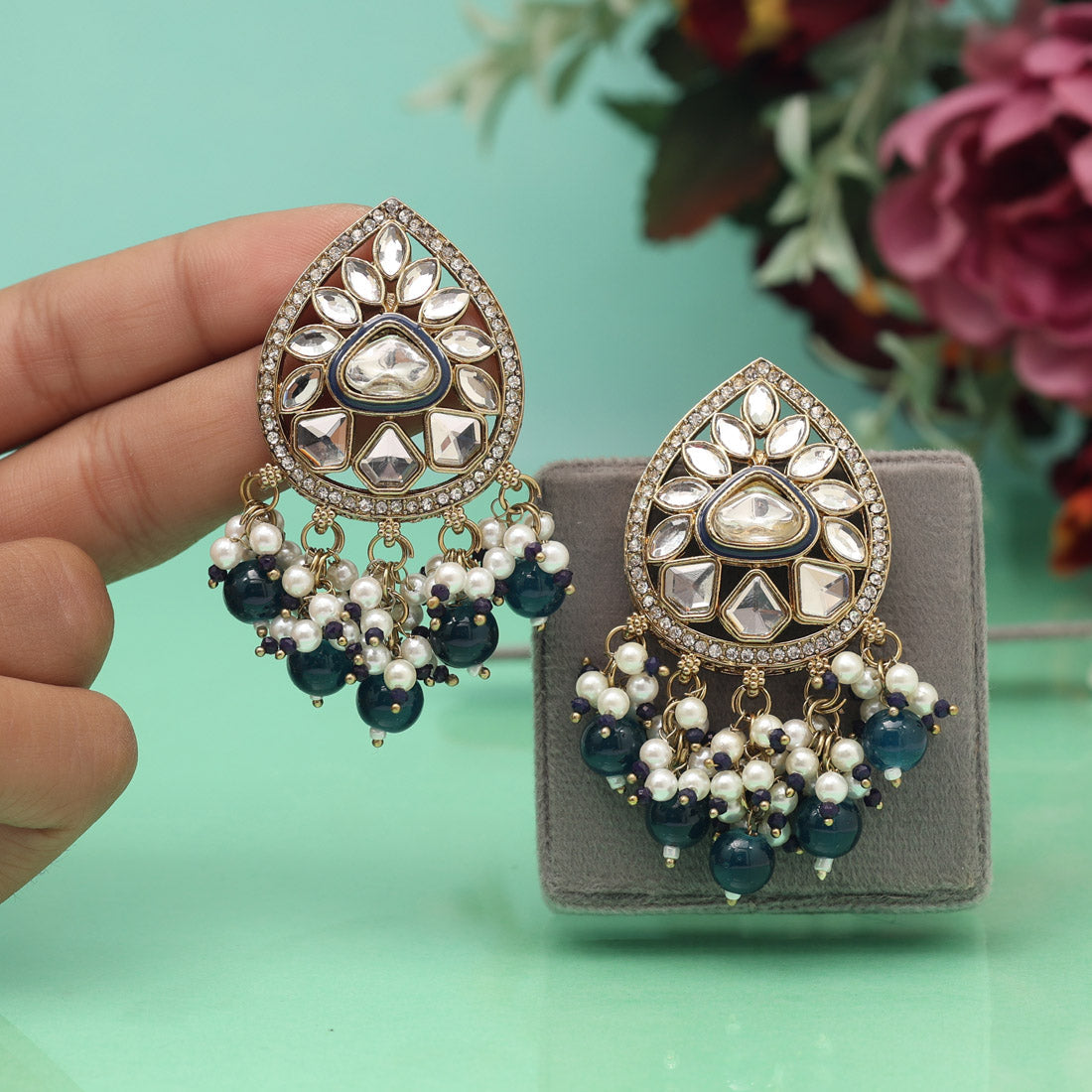 Navy Blue Color Meena Work Kundan Earrings (KDE1030NBLU) Jewellery GetGlit