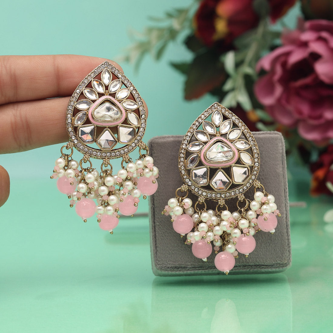 Pink Color Meena Work Kundan Earrings (KDE1030PNK) Jewellery GetGlit