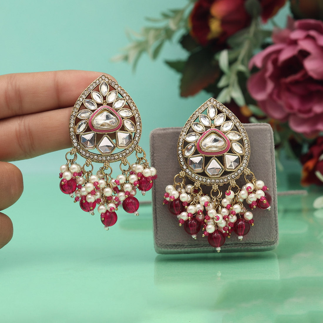 Rani Color Meena Work Kundan Earrings (KDE1030RNI) Jewellery GetGlit