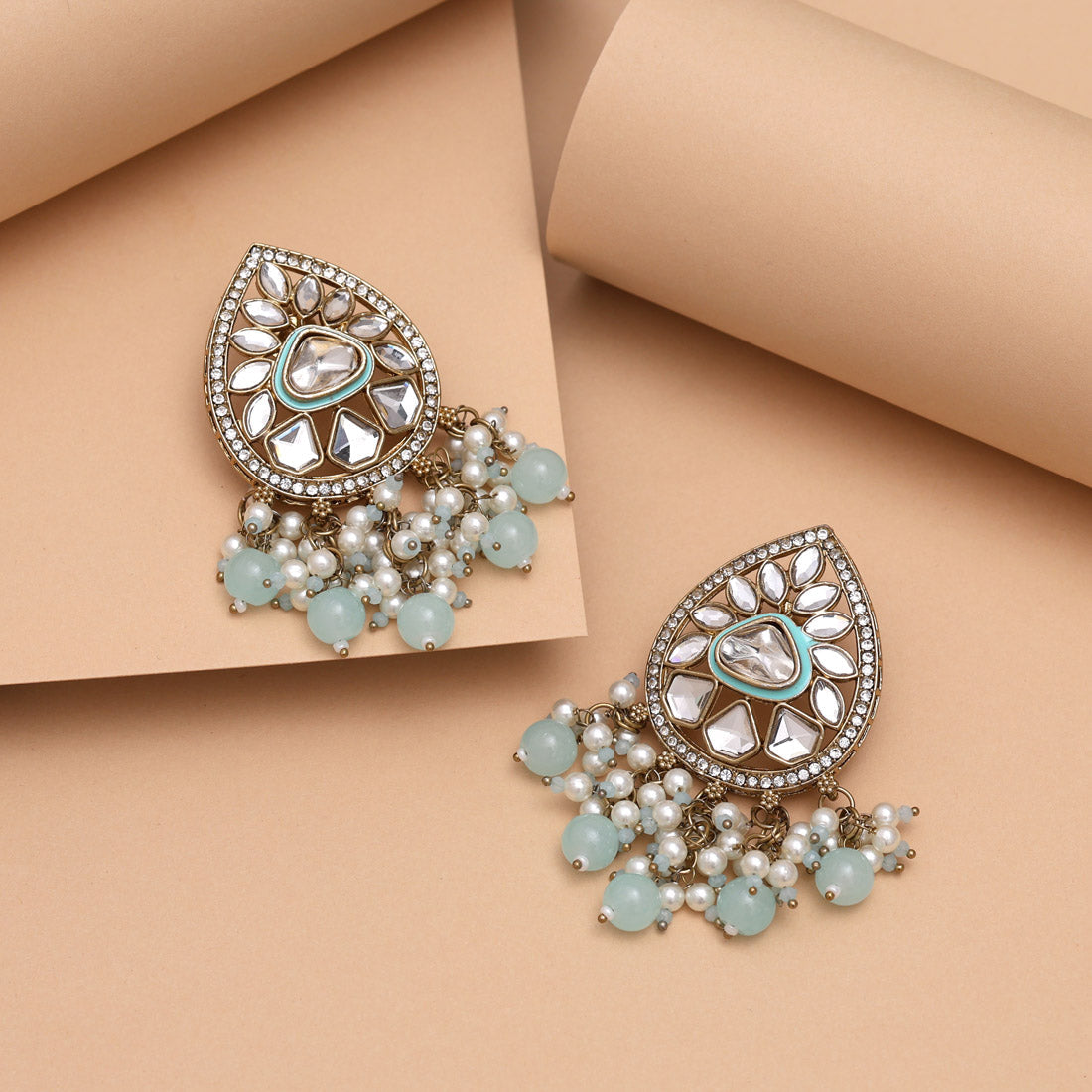 Sky Blue Color Meena Work Kundan Earrings (KDE1030SBLU) Jewellery GetGlit