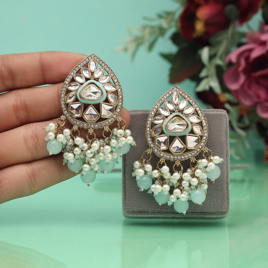 Sky Blue Color Meena Work Kundan Earrings (KDE1030SBLU) Jewellery GetGlit