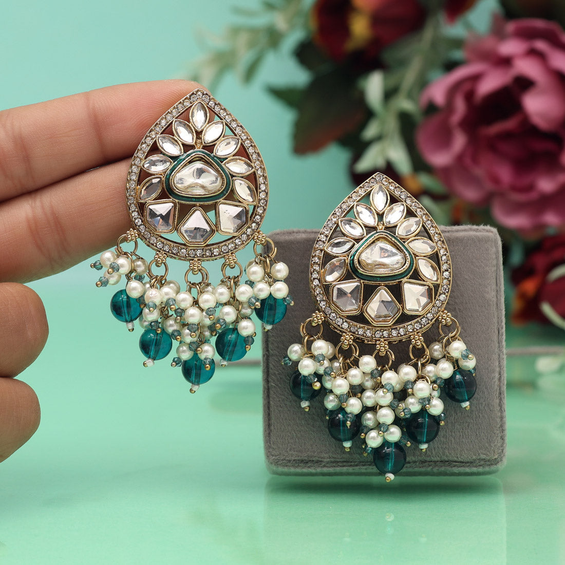 Turquoise Blue Color Meena Work Kundan Earrings (KDE1030TBLU) Jewellery GetGlit