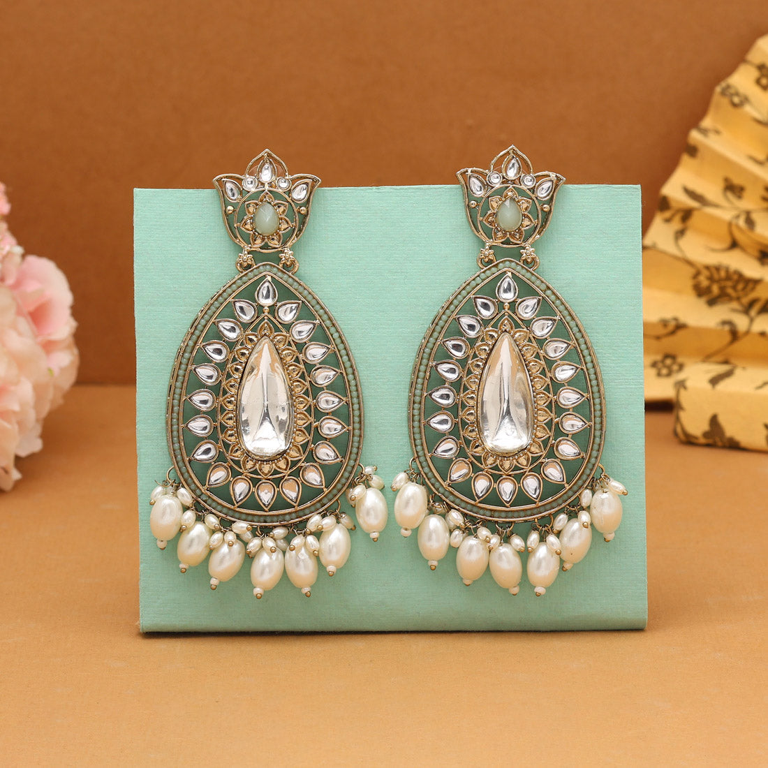 Pista Green Color Kundan Earrings (KDE1033PGRN) Jewellery GetGlit