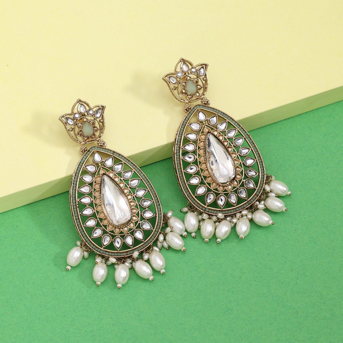 Pista Green Color Kundan Earrings (KDE1033PGRN) Jewellery GetGlit