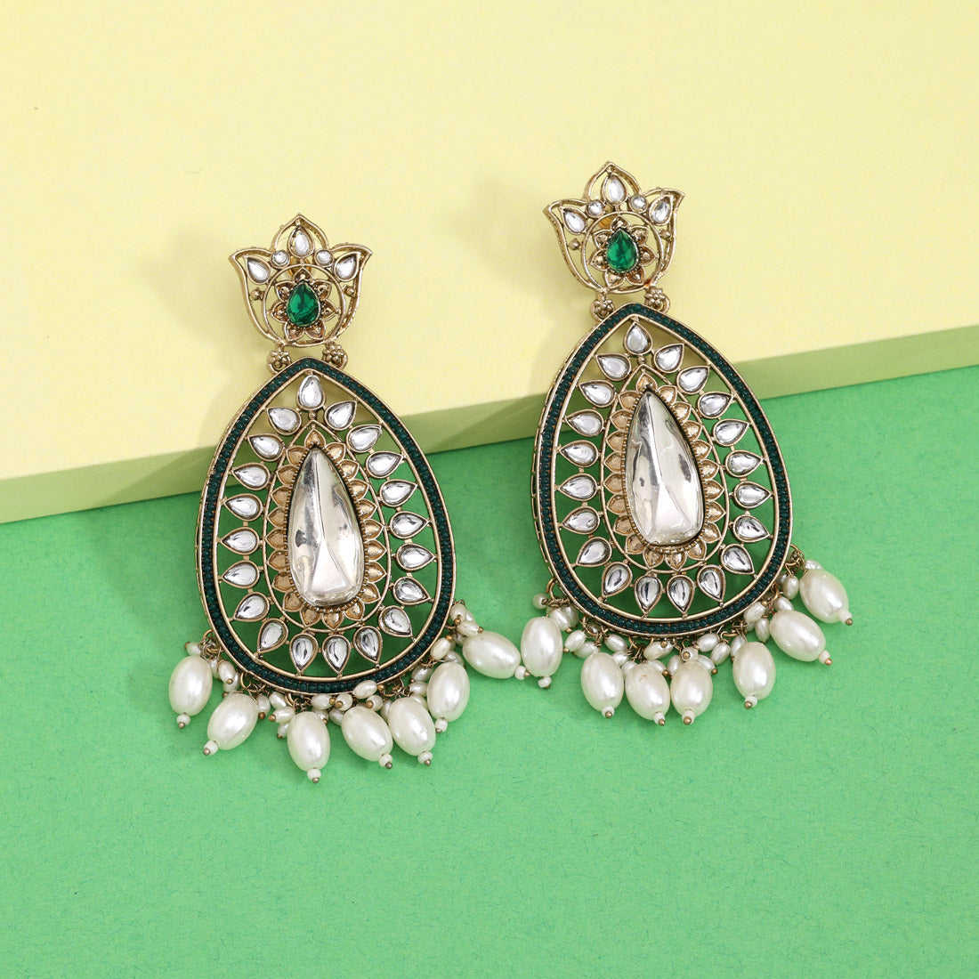 Rama Green Color Kundan Earrings (KDE1033RGRN) Jewellery GetGlit