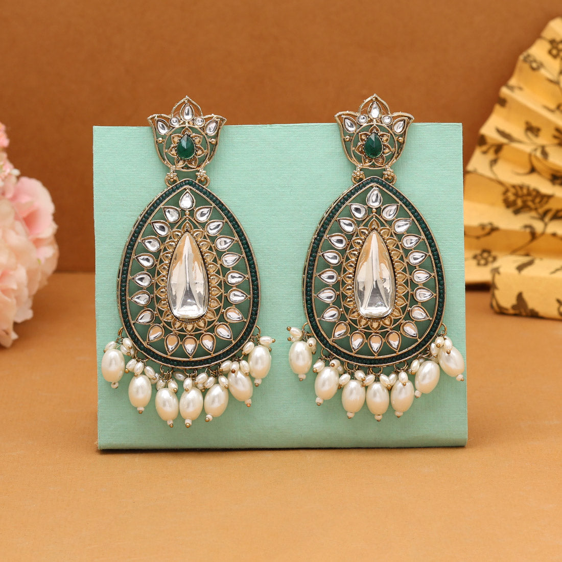 Rama Green Color Kundan Earrings (KDE1033RGRN) Jewellery GetGlit