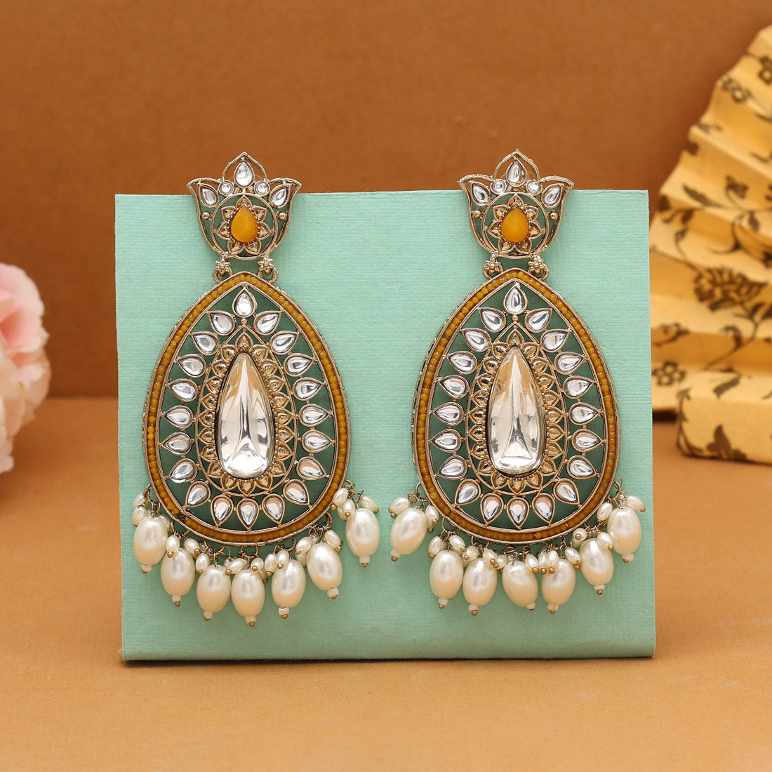 Yellow Color Kundan Earrings (KDE1033YLW) Jewellery GetGlit