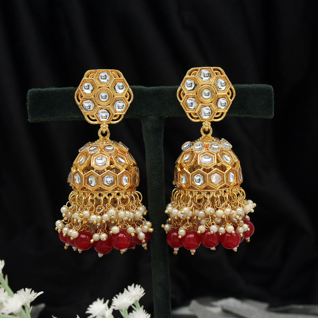 Maroon Color Big Jhumka Kundan Earrings (KDE601MRN) Jewellery GetGlit   