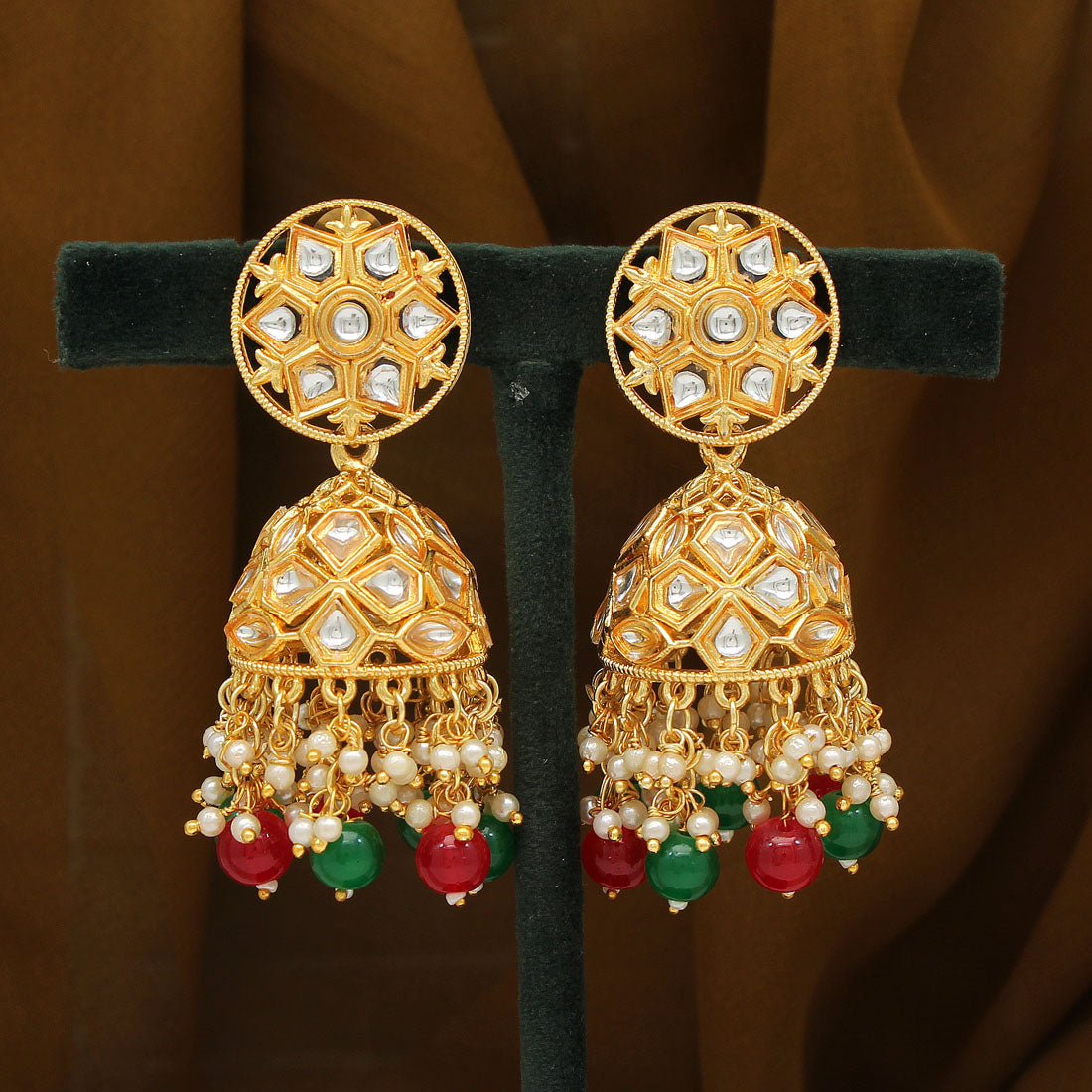 Maroon & Green Color Big Jhumka Kundan Earrings (KDE607MG) Earrings GetGlit   