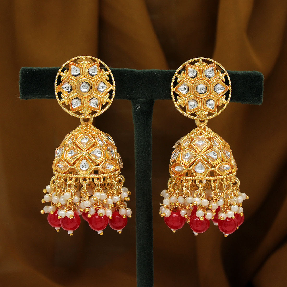 Red Color Big Jhumka Kundan Earrings (KDE607RED) Earrings GetGlit   