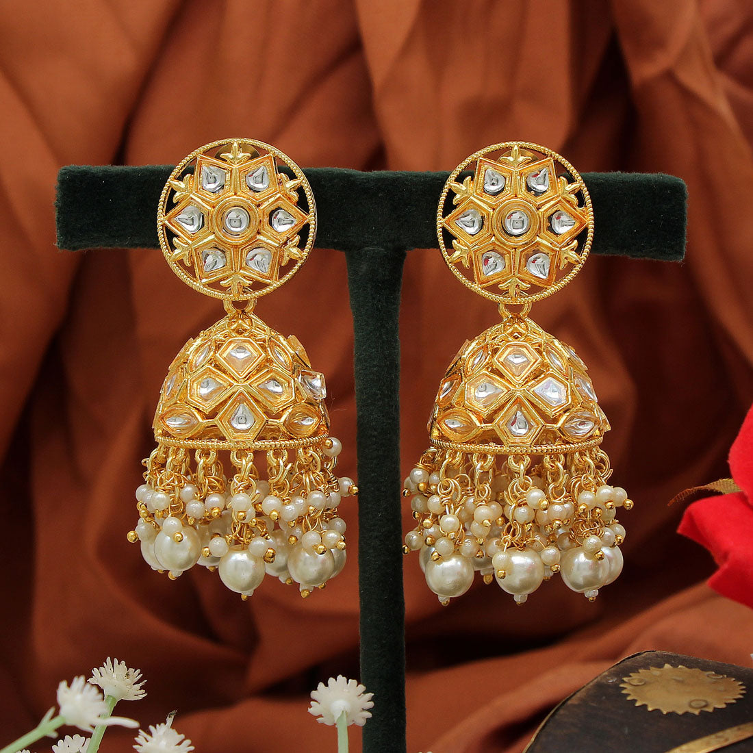White Color Big Jhumka Kundan Earrings (KDE607WHT) Jewellery GetGlit   