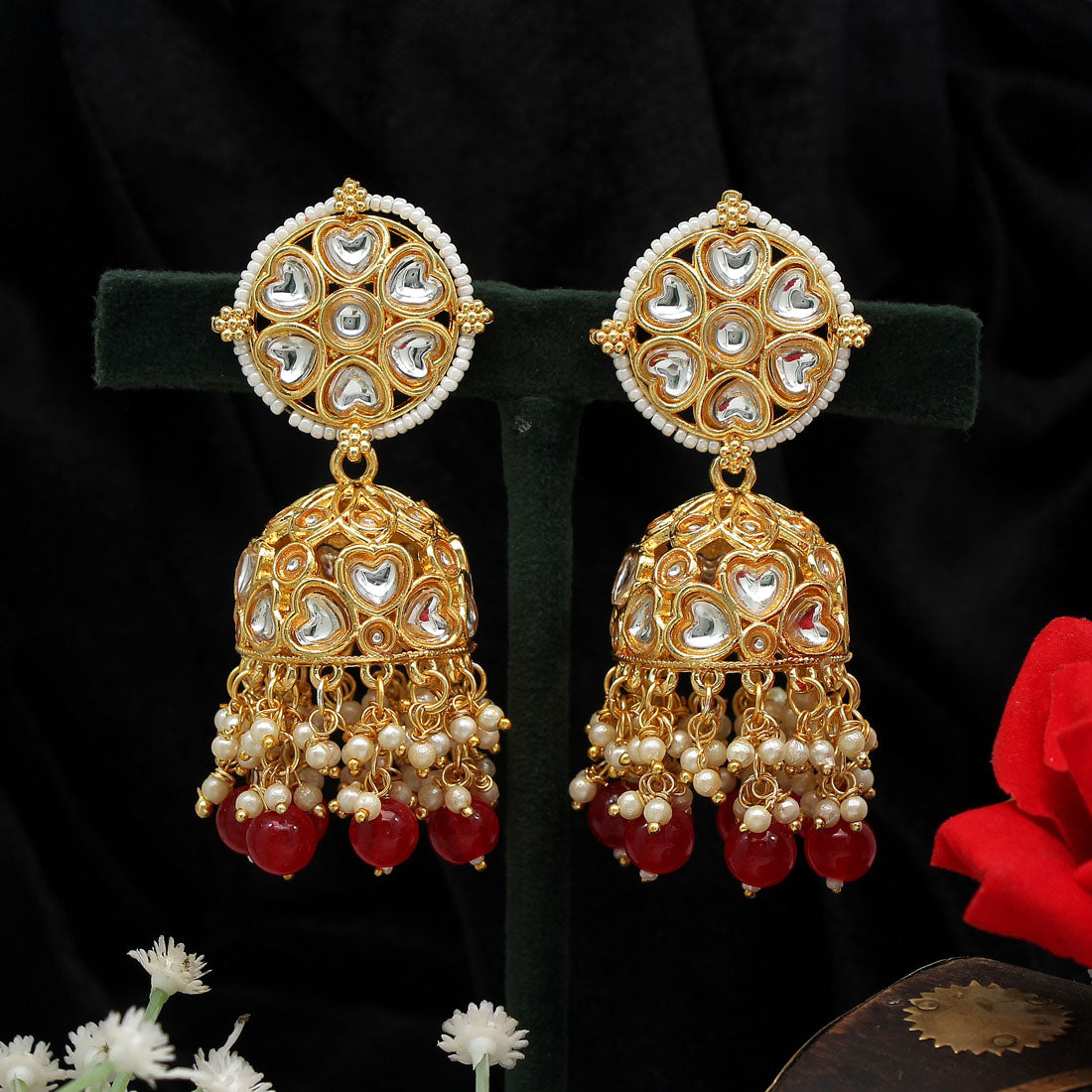 Red Color Big Jhumka Kundan Earrings (KDE608RED) Jewellery GetGlit   