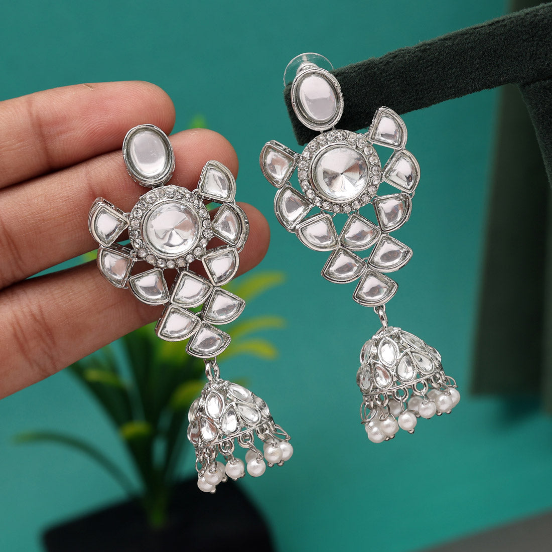 Silver Color Kundan Earrings (KDE723SLV) Earrings GetGlit   