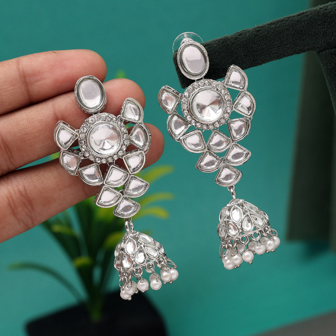 Silver Color Kundan Earrings (KDE723SLV) Jewellery GetGlit   