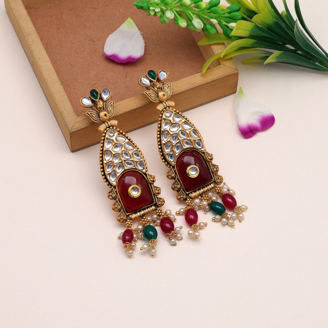 Maroon & Green Color Kundan Earrings (KDE784MG) Earrings GetGlit   