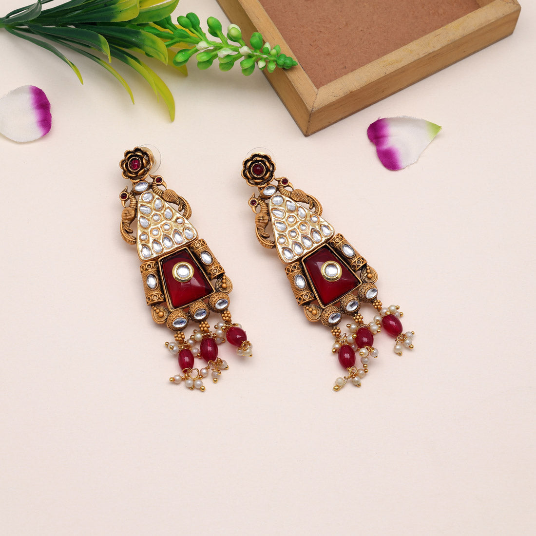 Maroon Color Kundan Earrings (KDE785MRN)