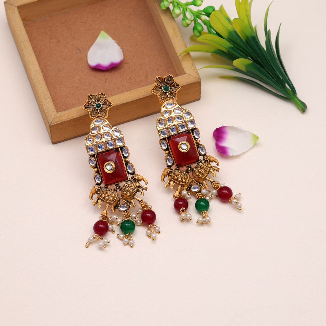 Maroon & Green Color Kundan Earrings (KDE786MG) Jewellery GetGlit   