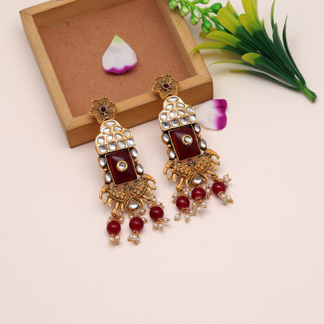 Maroon Color Kundan Earrings (KDE786MRN) Earrings GetGlit   