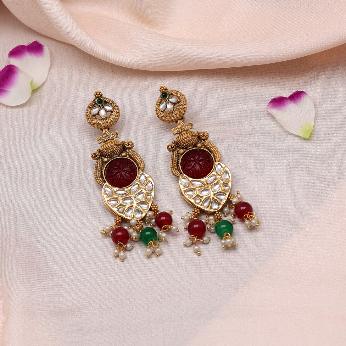 Maroon & Green Color Kundan Earrings (KDE788MG) Jewellery GetGlit   