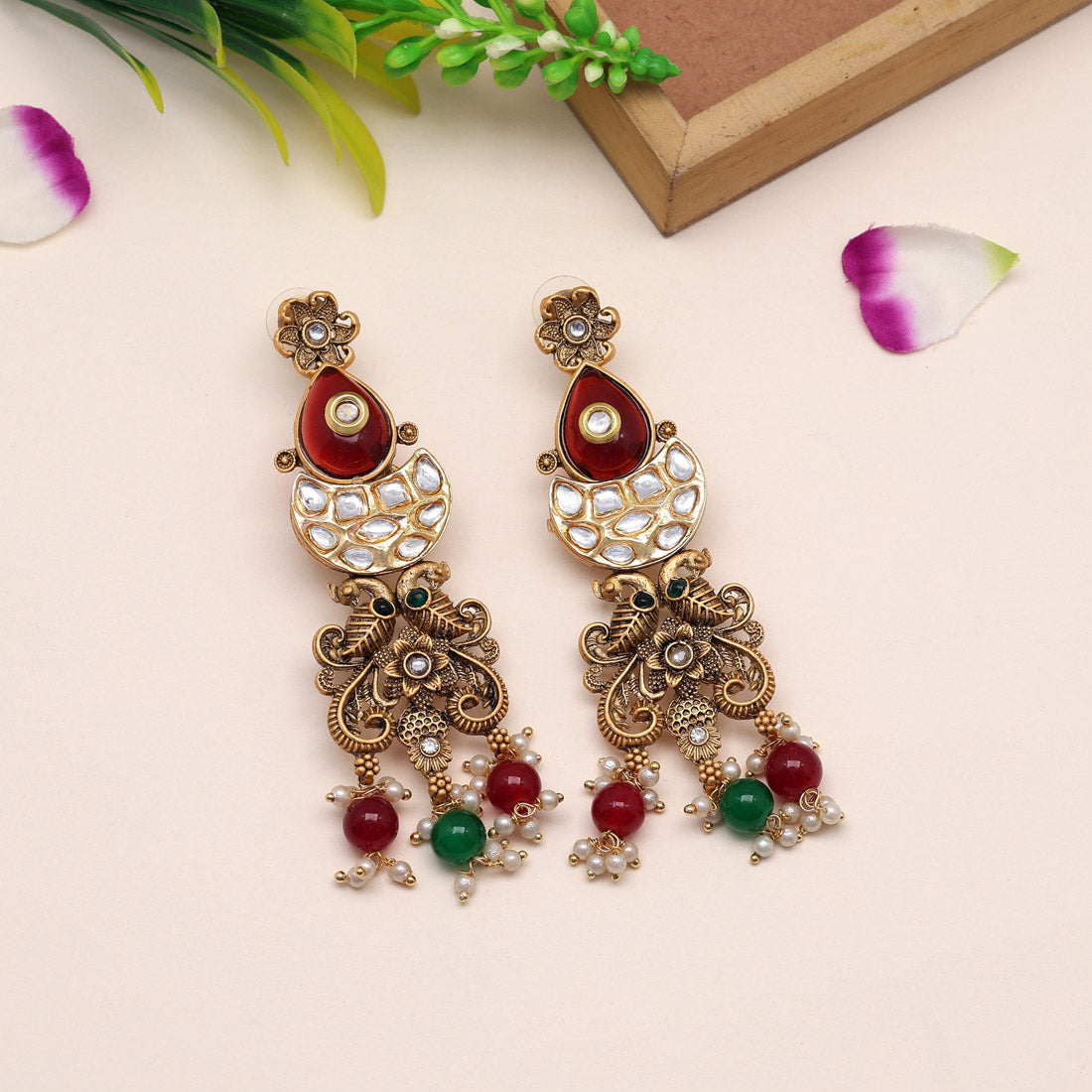 Maroon & Green Color Kundan Earrings (KDE790MG) Earrings GetGlit   