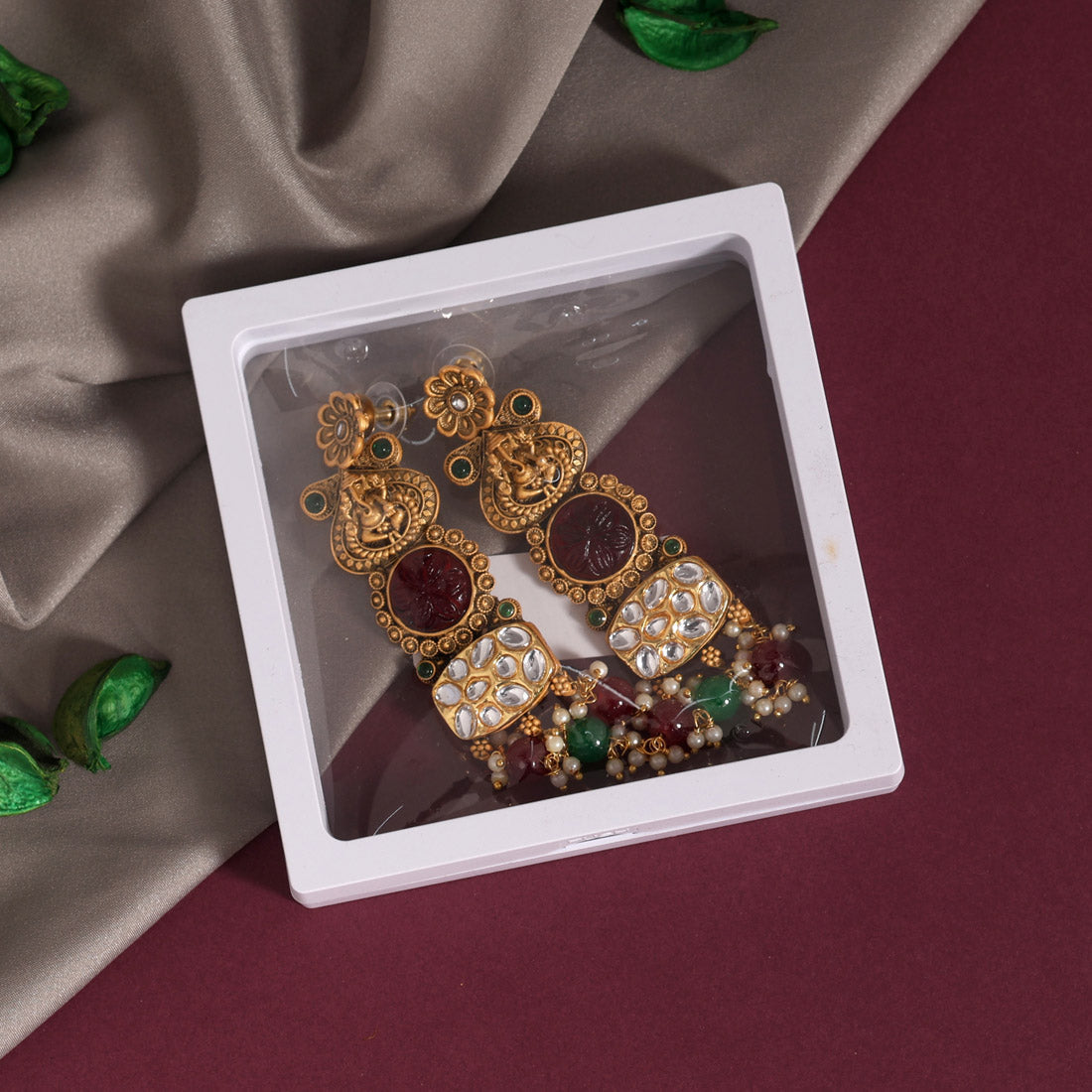 Maroon & Green Color Kundan Earrings (KDE791MG) Jewellery GetGlit   