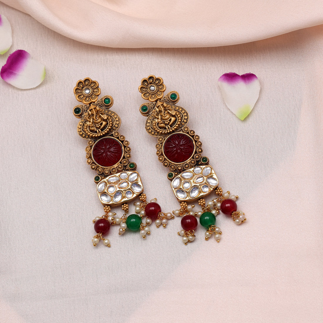 Maroon & Green Color Kundan Earrings (KDE791MG) Earrings GetGlit   