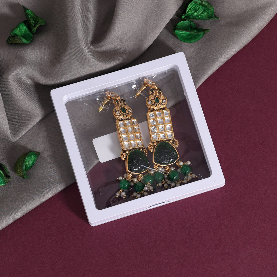 Green Color Kundan Earrings (KDE793GRN) Jewellery GetGlit   