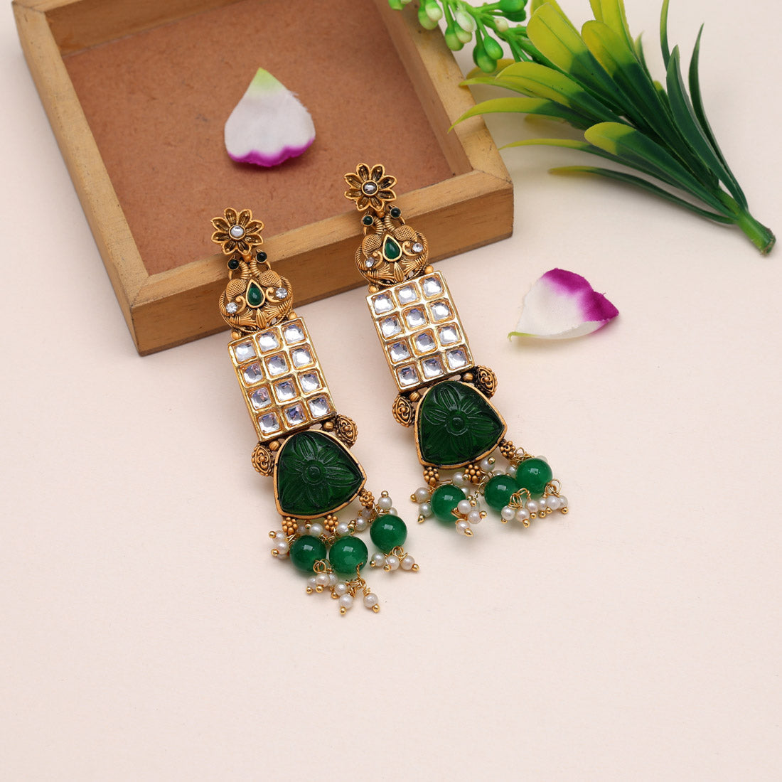 Green Color Kundan Earrings (KDE793GRN) Jewellery GetGlit   