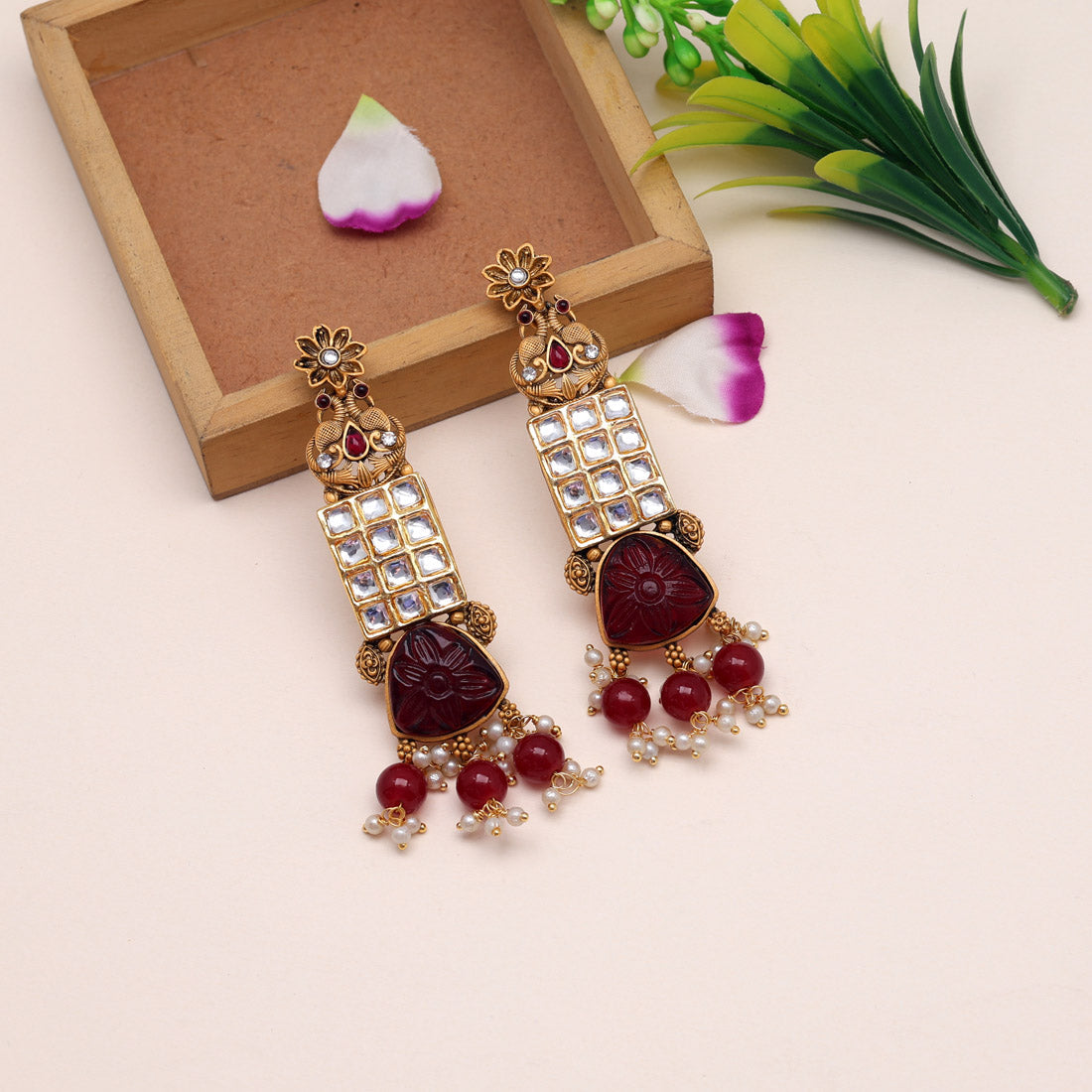 Maroon Color Kundan Earrings (KDE793MRN) Jewellery GetGlit   