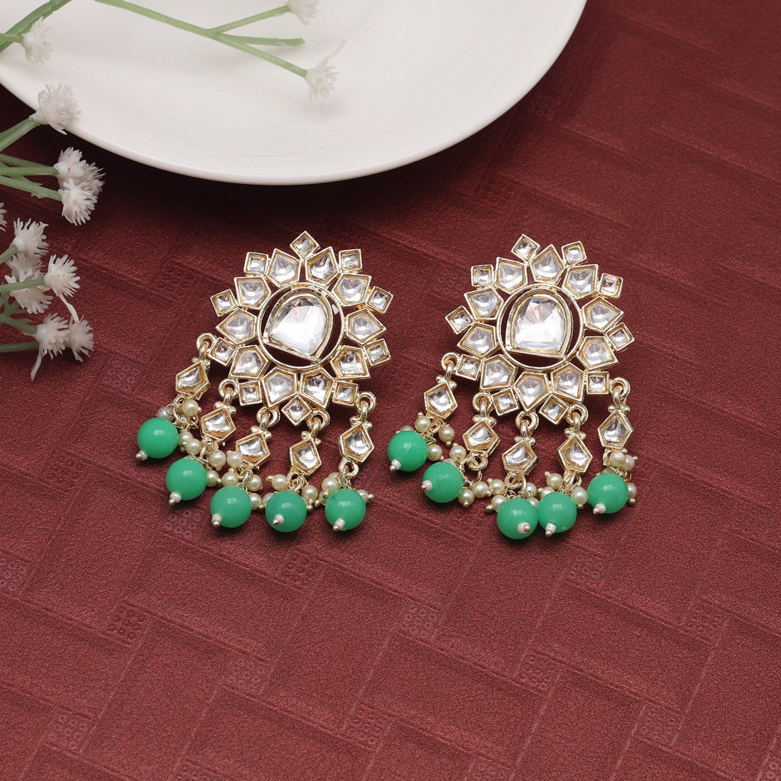 Parrot Green Color Kundan Earrings (KDE796PGRN) Earrings GetGlit   