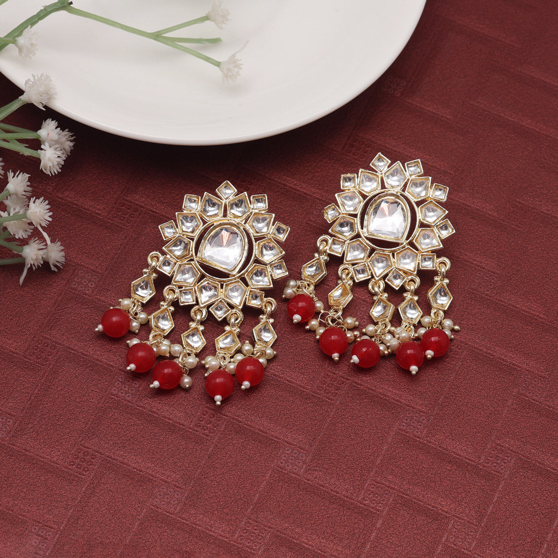 Red Color Kundan Earrings (KDE796RED) Earrings GetGlit   