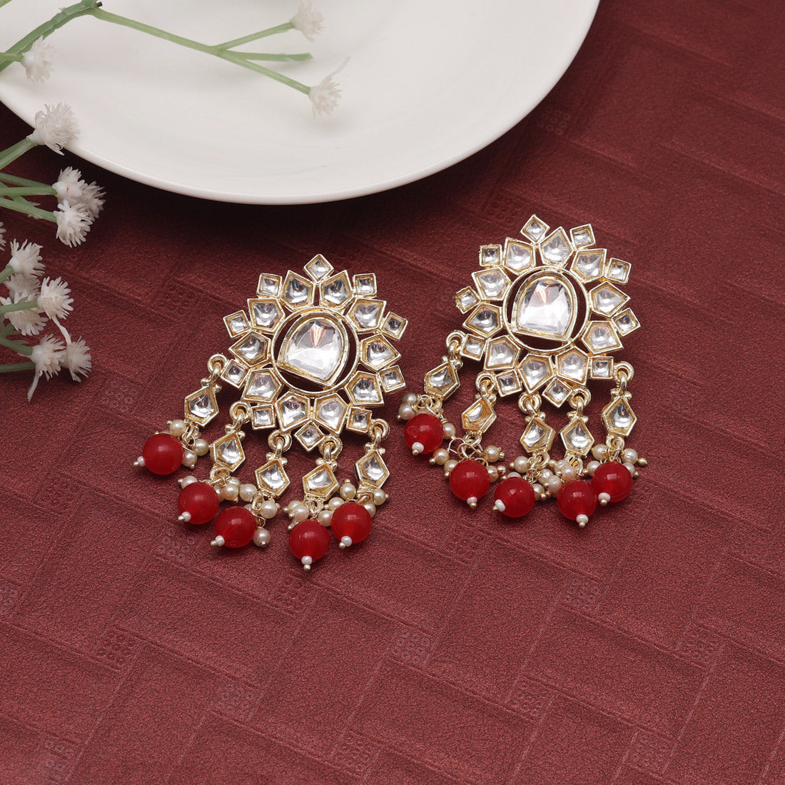 Red Color Kundan Earrings (KDE796RED) Jewellery GetGlit   
