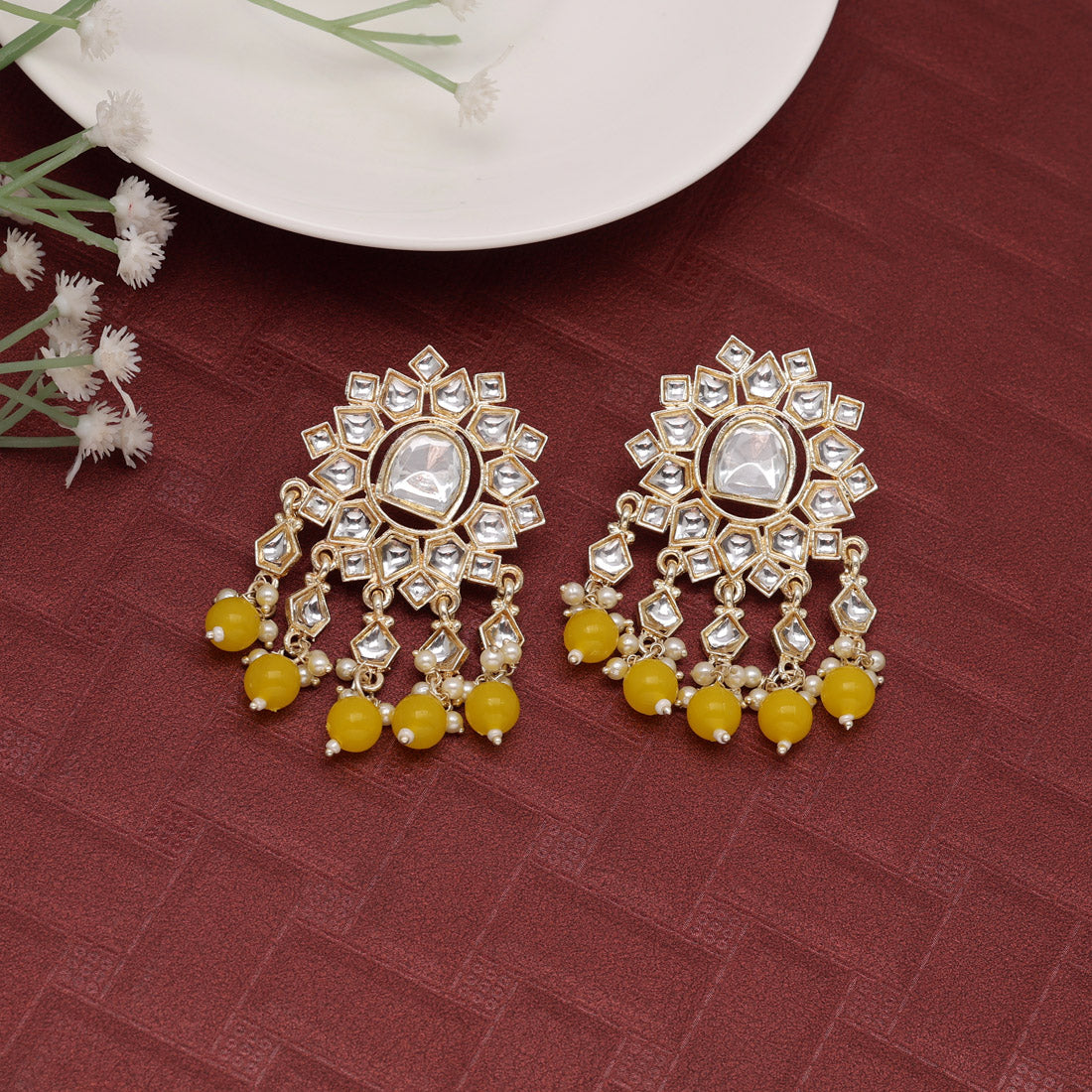 Yellow Color Kundan Earrings (KDE796YLW) Earrings GetGlit   