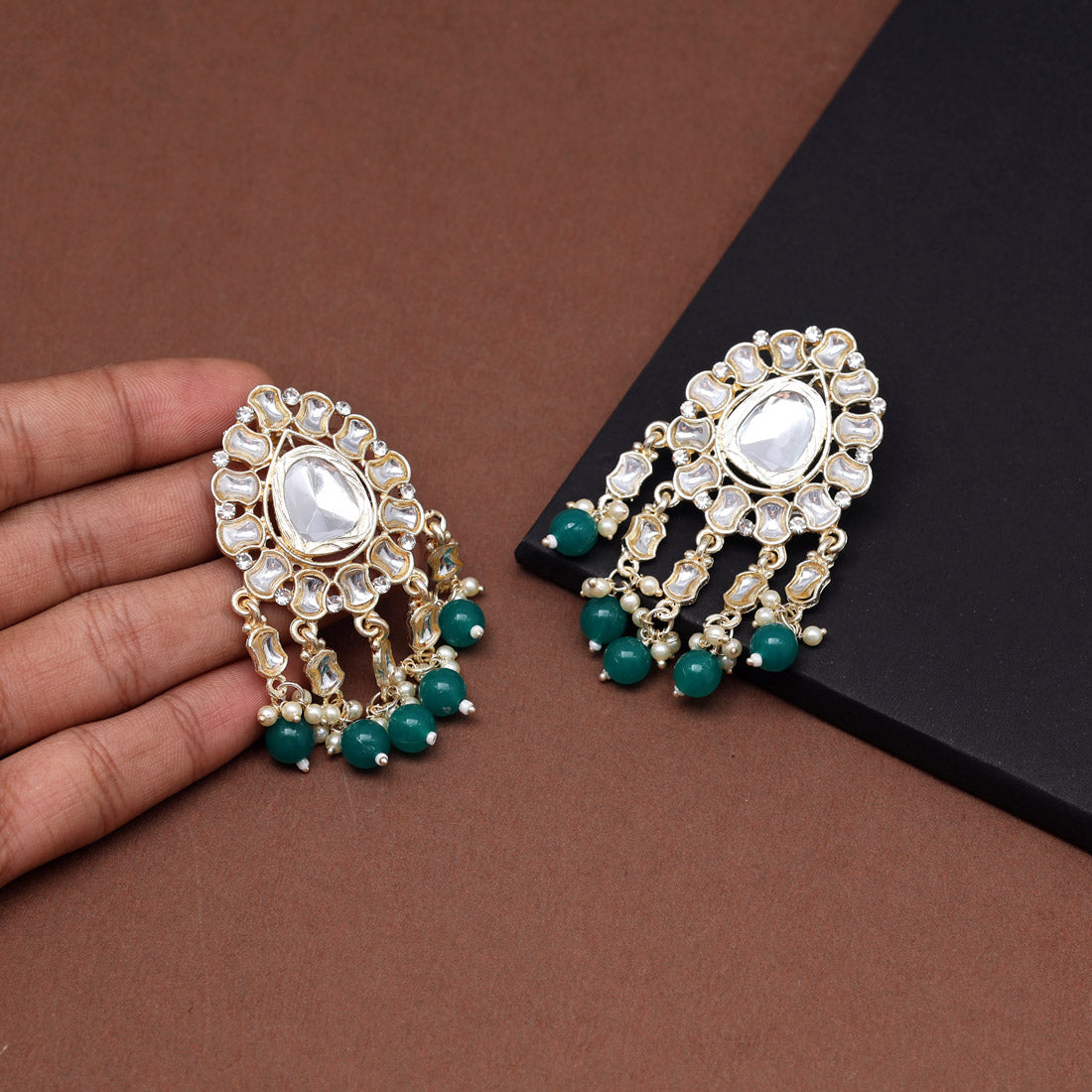 Green Color Kundan Earrings (KDE798GRN) Earrings GetGlit   