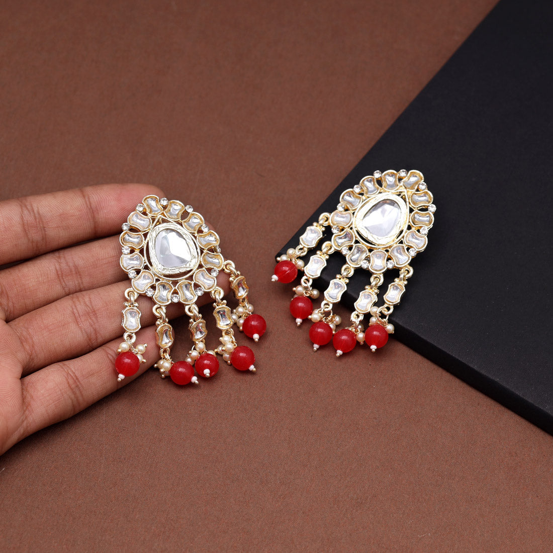 Red Color Kundan Earrings (KDE798RED) Jewellery GetGlit   