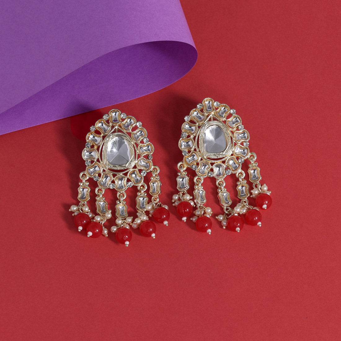 Red Color Kundan Earrings (KDE798RED) Earrings GetGlit   