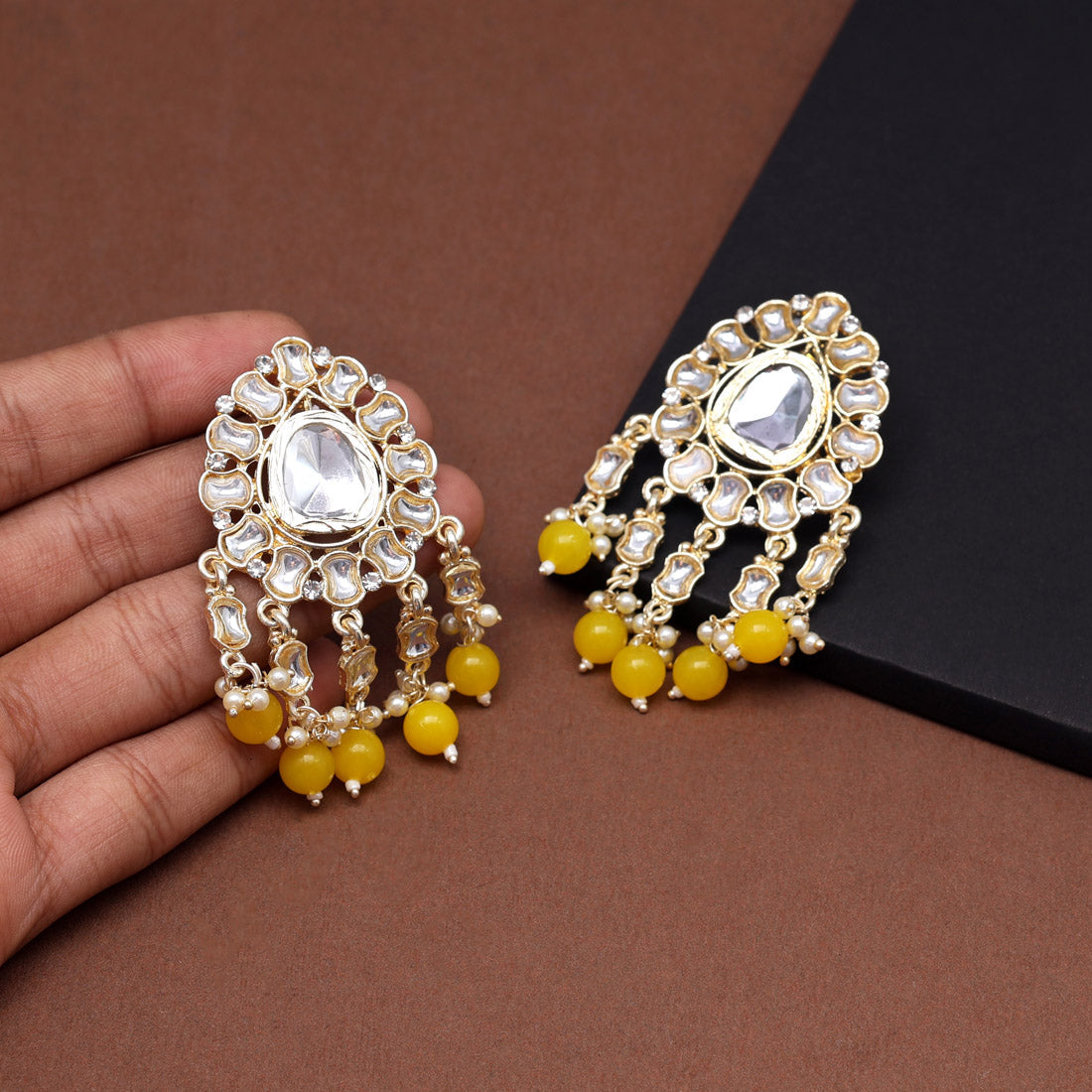 Yellow Color Kundan Earrings (KDE798YLW) Jewellery GetGlit   