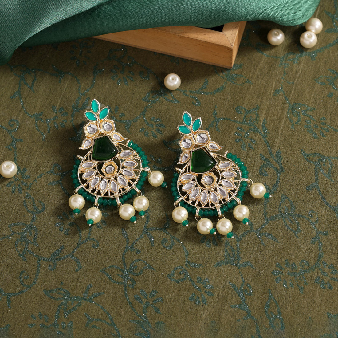 Green Color Kundan Earrings (KDE804GRN) Earrings GetGlit   