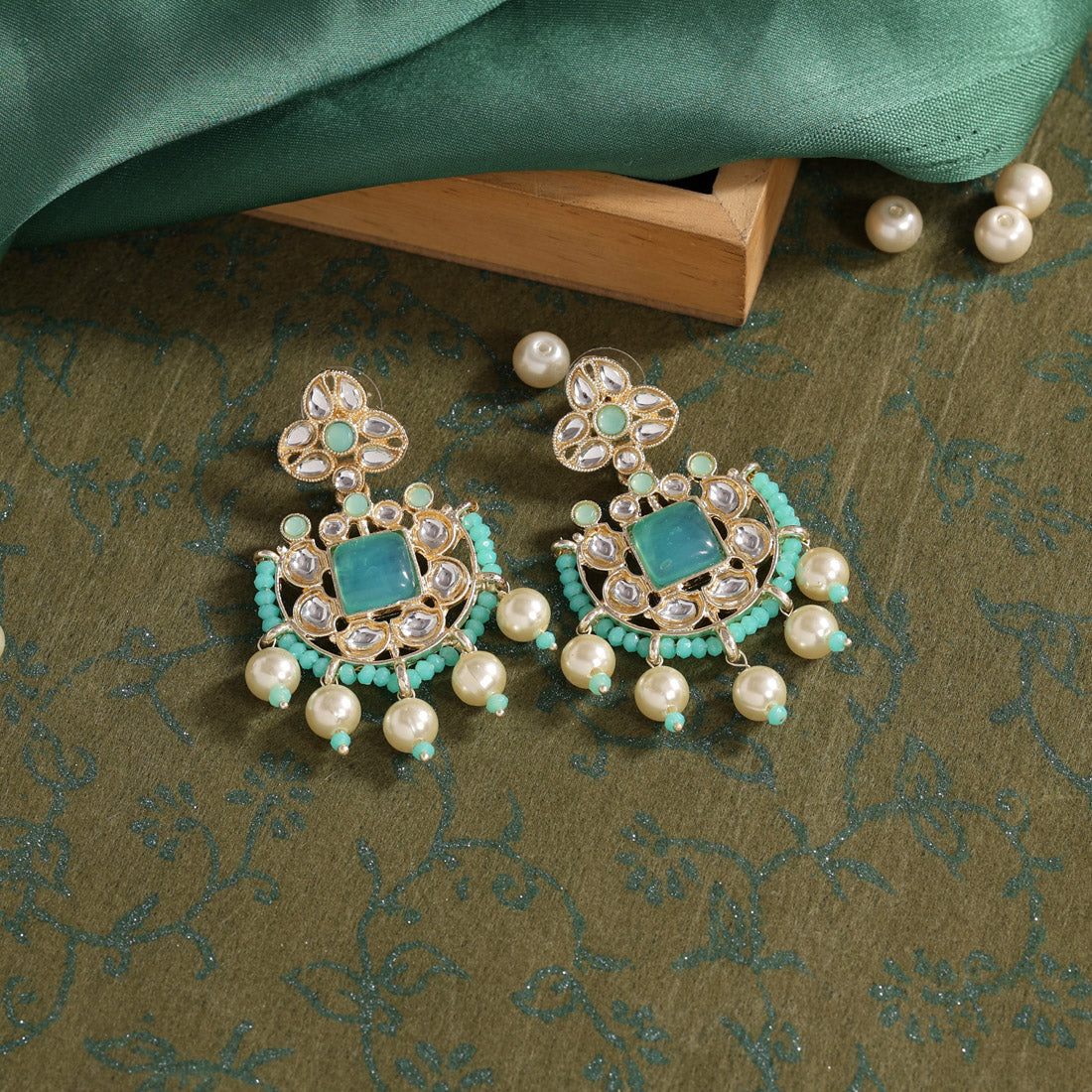 Rama Green Color Kundan Earrings (KDE805RGRN) Earrings GetGlit   