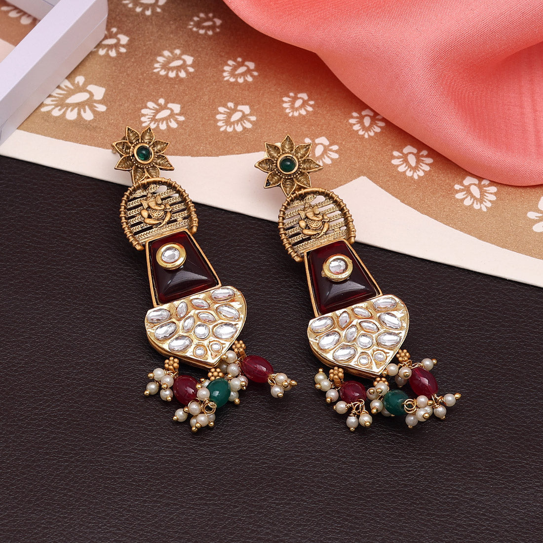 Maroon & Green Color Kundan Earrings (KDE826MG) Earrings GetGlit   