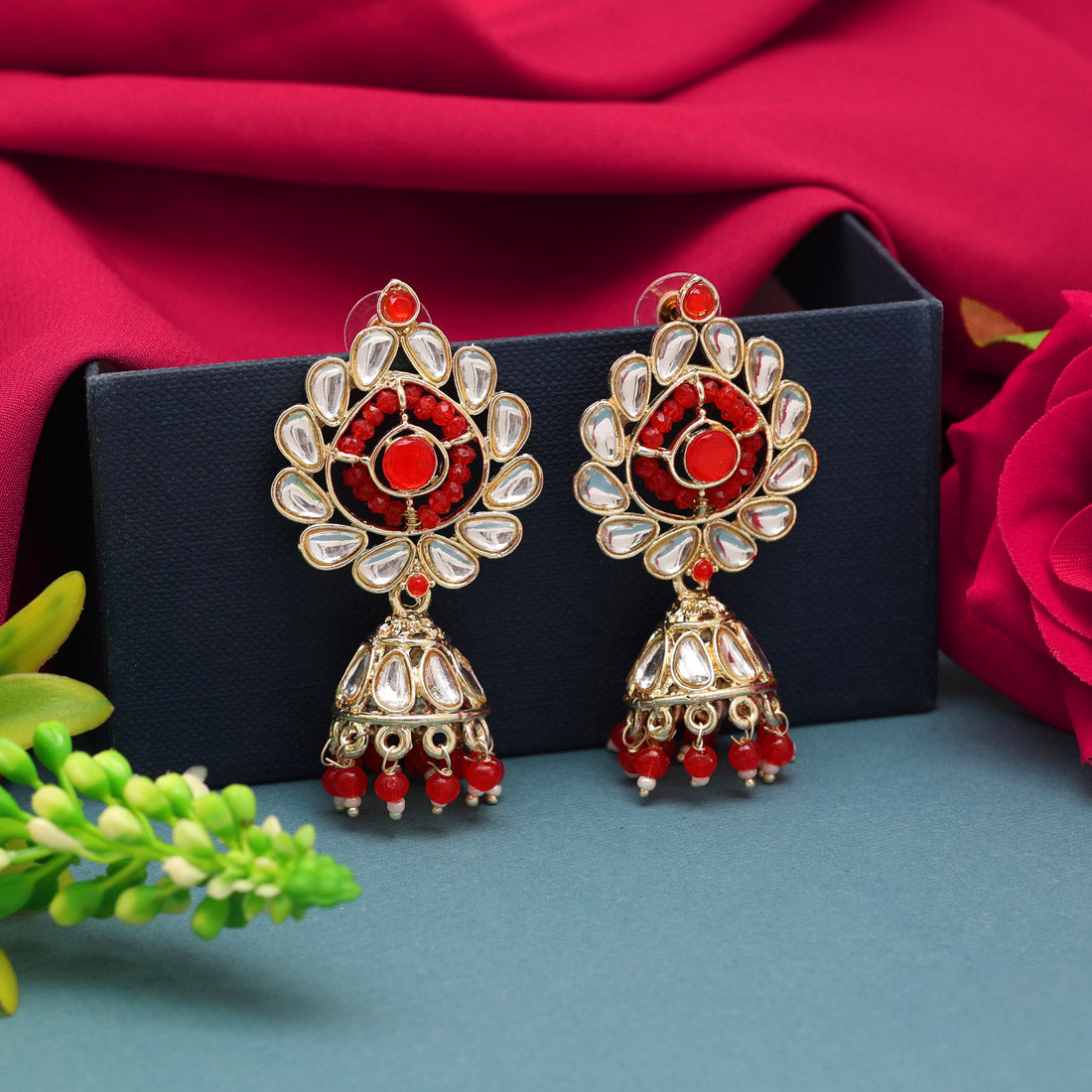 Red Color Kundan Earrings (KDE827RED) Earrings GetGlit   