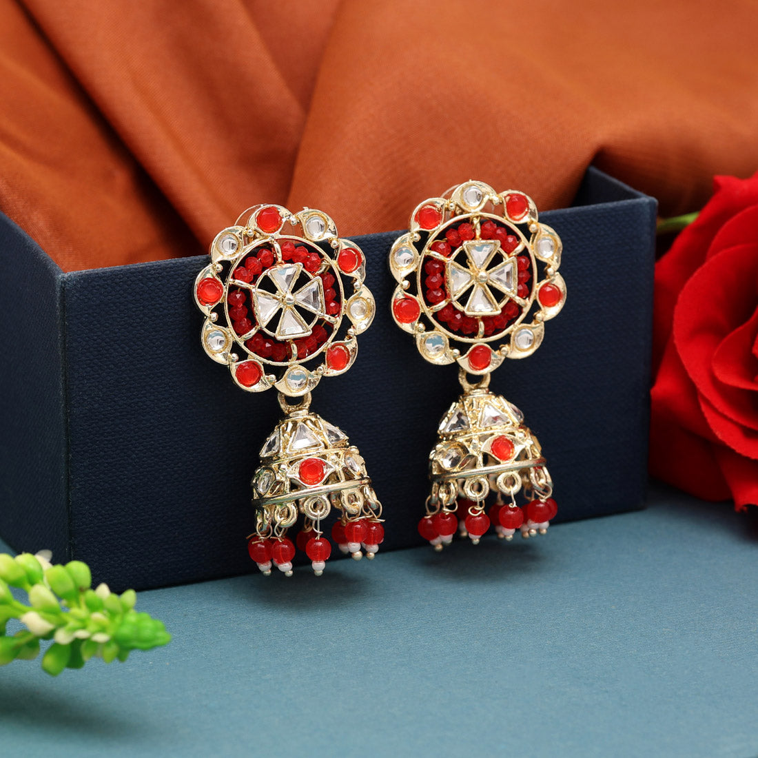 Red Color Kundan Earrings (KDE828RED) Earrings GetGlit   