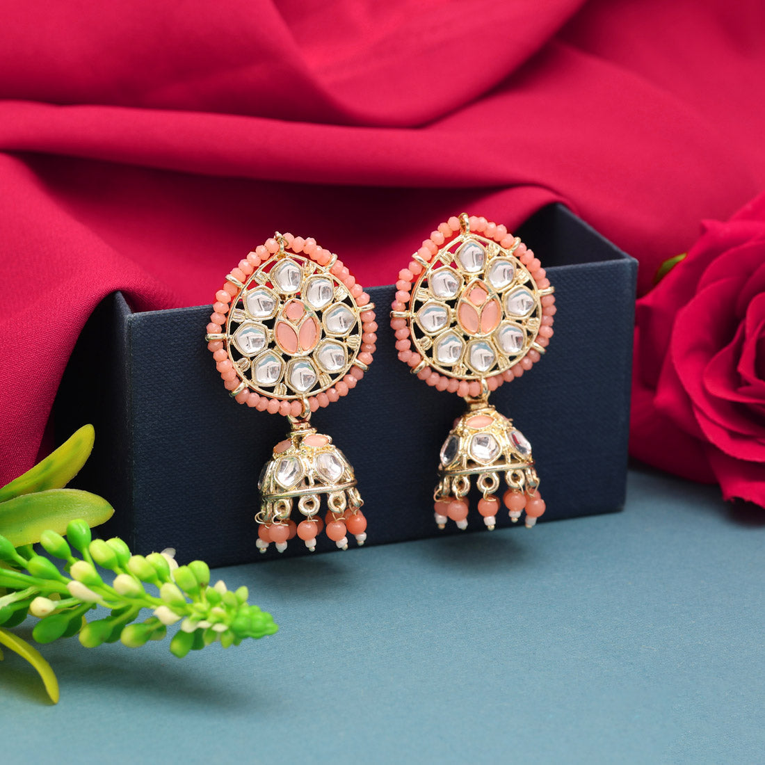 Dark Peach Color Kundan Earrings (KDE829DPCH) Earrings GetGlit   