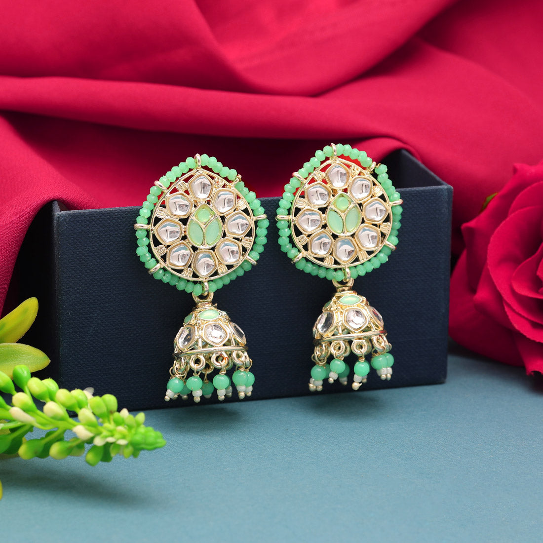 Pista Green Color Kundan Earrings (KDE829PGRN) Earrings GetGlit   