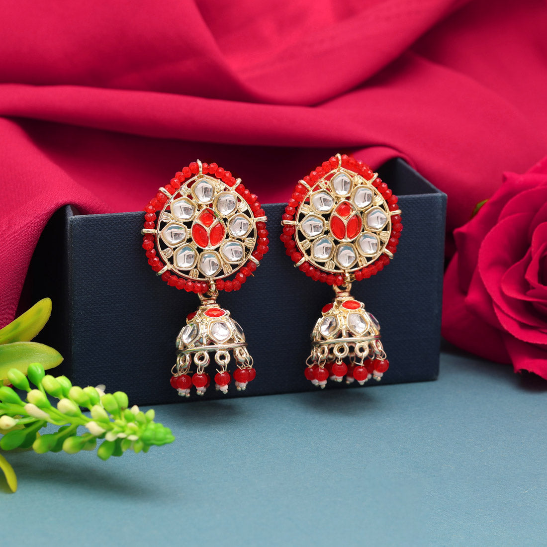 Red Color Kundan Earrings (KDE829RED) Earrings GetGlit   