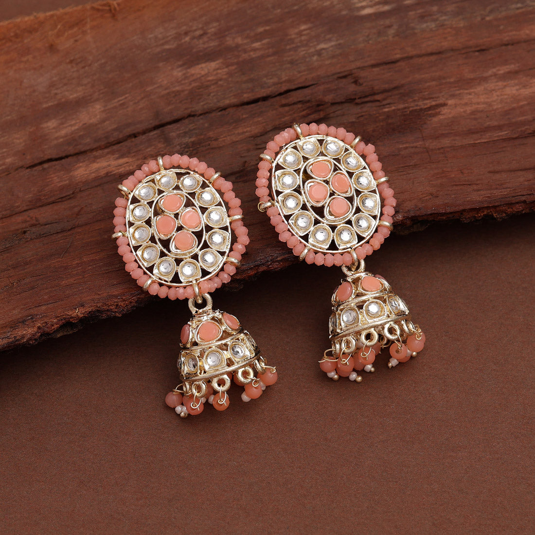 Dark Peach Color Kundan Earrings (KDE832DPCH) Earrings GetGlit   