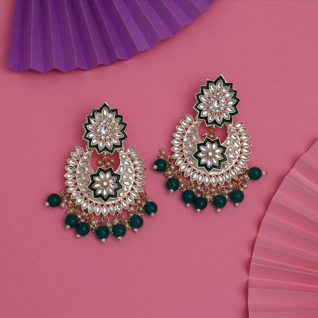 Green Color Kundan Meena Earrings (KDE835GRN) Earrings GetGlit   