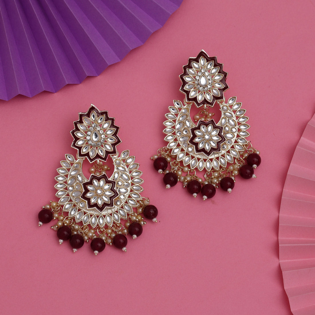 Maroon Color Kundan Meena Earrings (KDE835MRN) Earrings GetGlit   